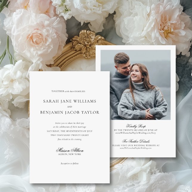 Elegant All in One Wedding Invitation with RSVP (These elegant, formal, all-in-one wedding invites features a classic script and a photo on the back)