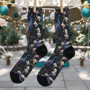 Elegant Almost Black Peacocks and Magnolia Flowers Socks