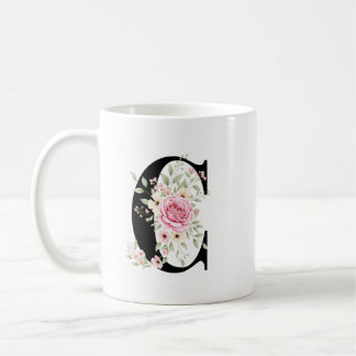 Elegant Alphabet Coffee Cup with Pink Rose Design
