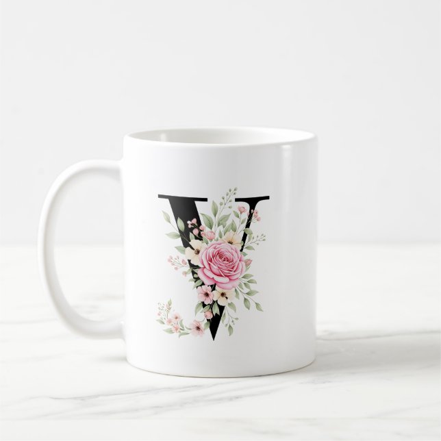 Elegant Alphabet Coffee Cup with Pink Rose Design (Left)