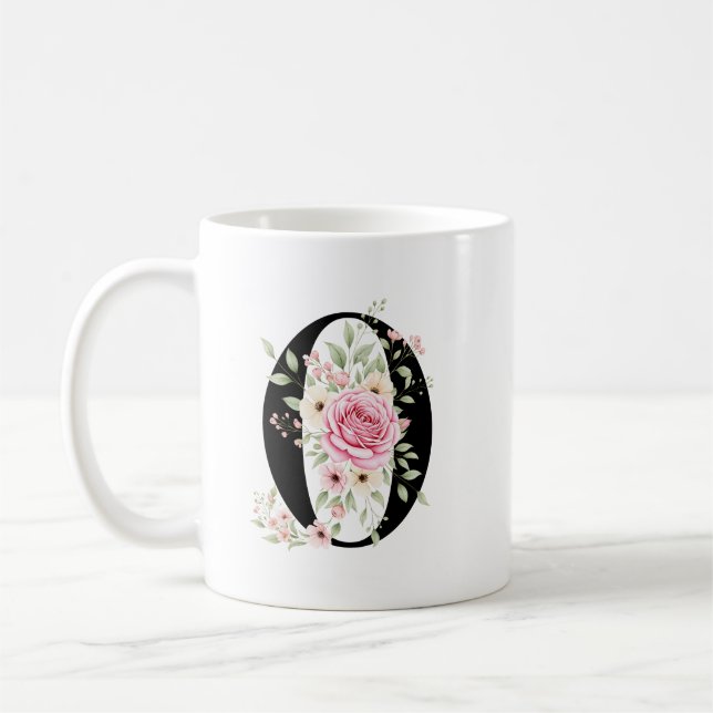 Elegant Alphabet Coffee Cup with Pink Rose Design (Left)