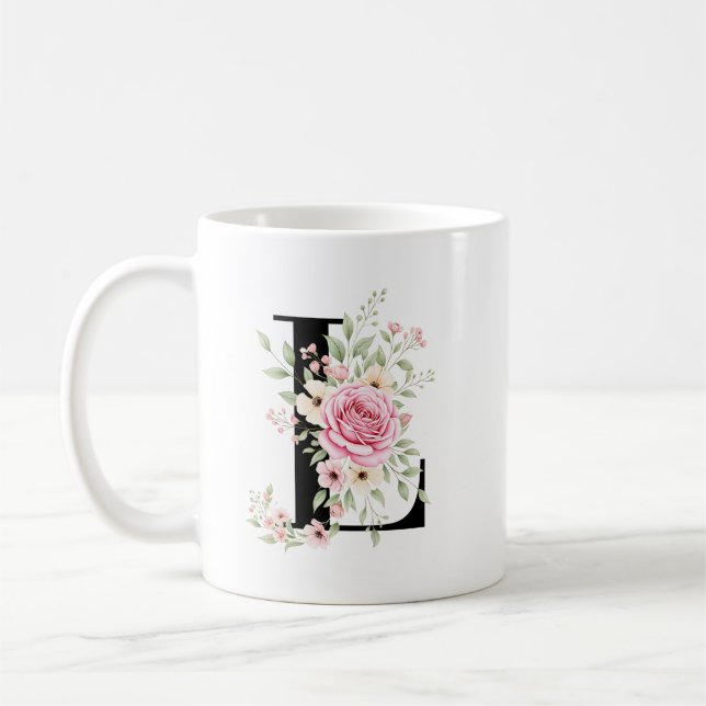 Elegant Alphabet Coffee Cup with Pink Rose Design (Left)