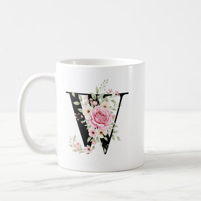 Elegant Alphabet Coffee Cup with Pink Rose Design (Left)