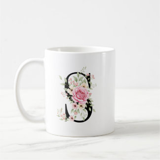 Elegant Alphabet Coffee Cup with Pink Rose Design
