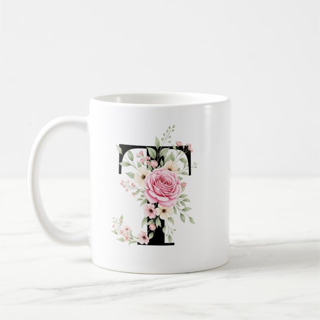 Elegant Alphabet Coffee Cup with Pink Rose Design (Left)