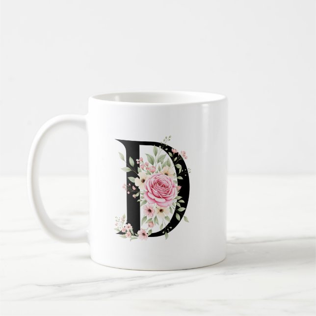Elegant Alphabet Coffee Cup with Pink Rose Design (Left)