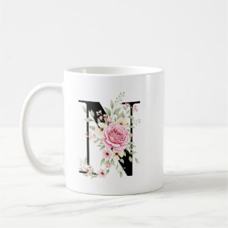 Elegant Alphabet Coffee Cup with Pink Rose Design