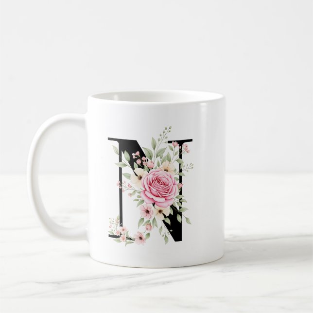 Elegant Alphabet Coffee Cup with Pink Rose Design (Left)