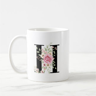 Elegant Alphabet Coffee Cup with Pink Rose Design