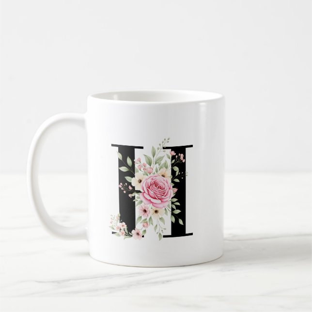 Elegant Alphabet Coffee Cup with Pink Rose Design (Left)