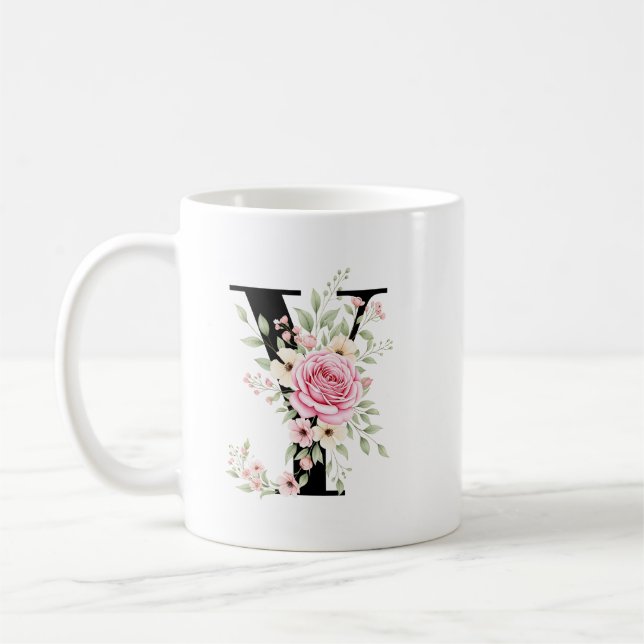 Elegant Alphabet Coffee Cup with Pink Rose Design (Left)
