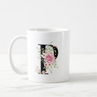 Elegant Alphabet Coffee Cup with Pink Rose Design