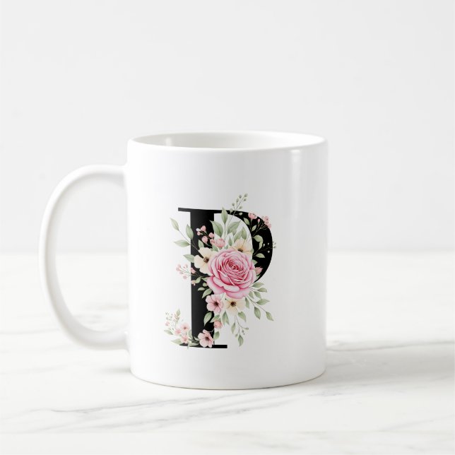 Elegant Alphabet Coffee Cup with Pink Rose Design (Left)
