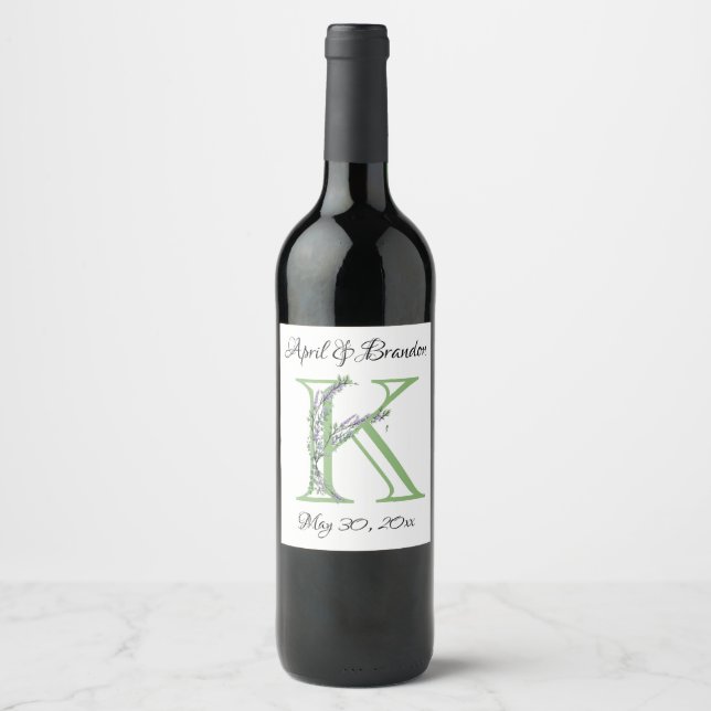 Elegant alphabet letter K Lavender Eucalyptus  Wine Label (Front)