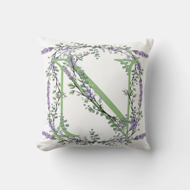 Elegant alphabet letter N Lavender Eucalyptus Cushion (Front)
