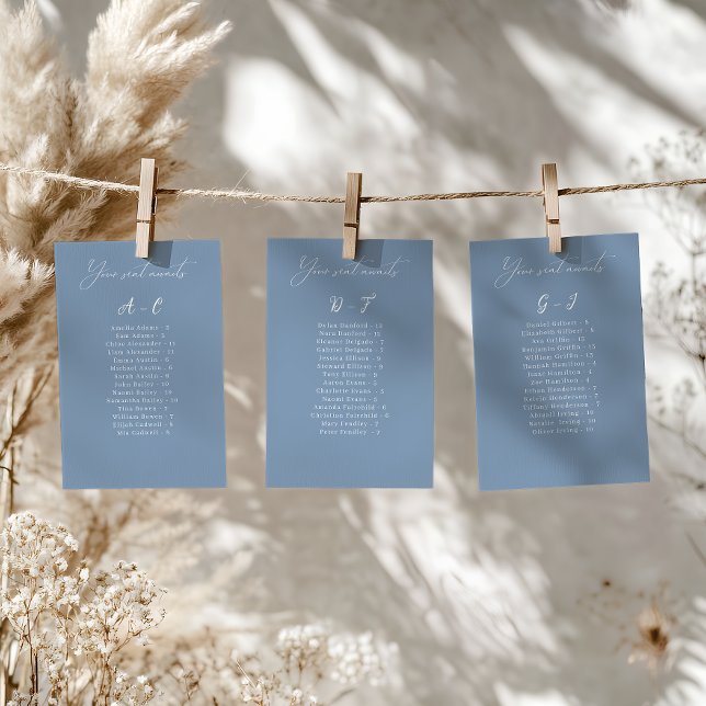 Elegant Alphabetical Blue Wedding Seating Card (Convenient and organized wedding seating chart with alphabetical name arrangement.)