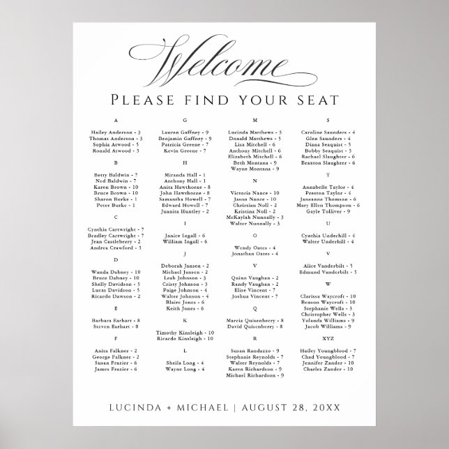 Elegant Alphabetical Seating Chart for 100 Guests (Front)