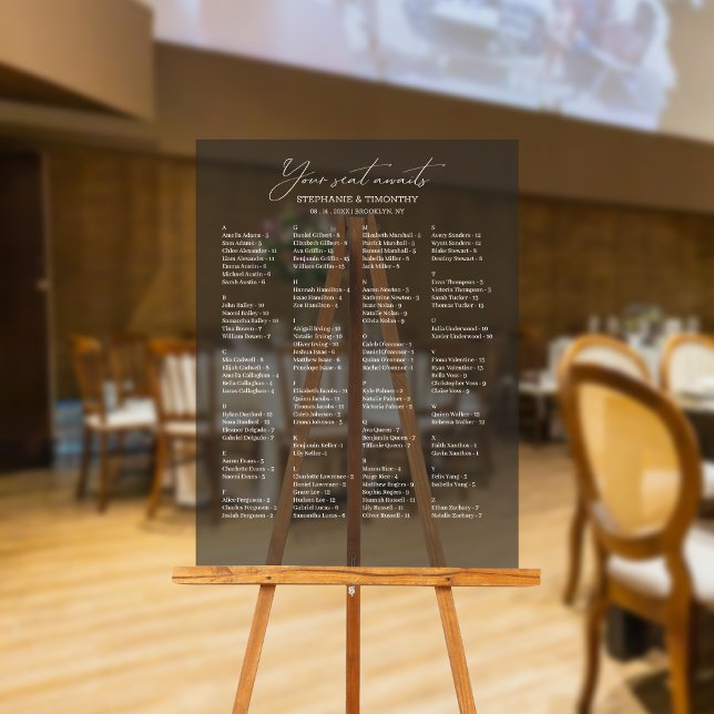 Elegant Alphabetical Wedding Seating  Acrylic Sign (Our acrylic sign displays names in alphabetical order, making it easy for guests to find their seats)
