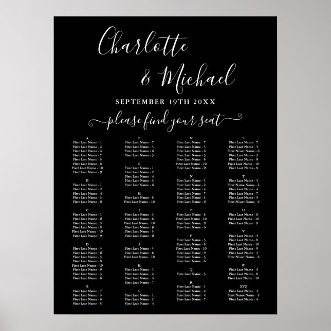 Elegant Alphabetical Wedding Seating Chart (Front)