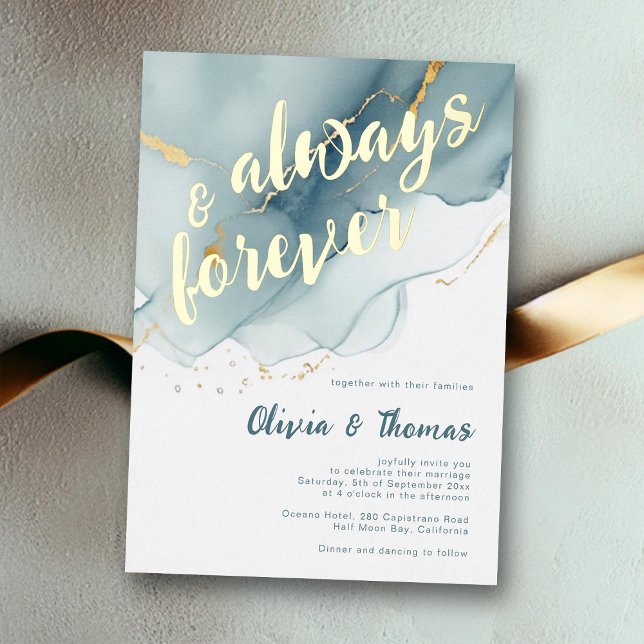 Elegant Always Forever Dusty Blue Beach Wedding (always forever beach wedding invitation teal gold foil dusty blue elegant bohemian modern romantic)