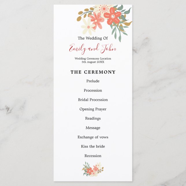 Elegant Ambrose Coral Florals Wedding Programme (Front)