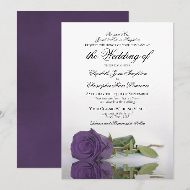 Elegant Amethyst Purple Rose Formal Wedding Invitation (Front/Back)