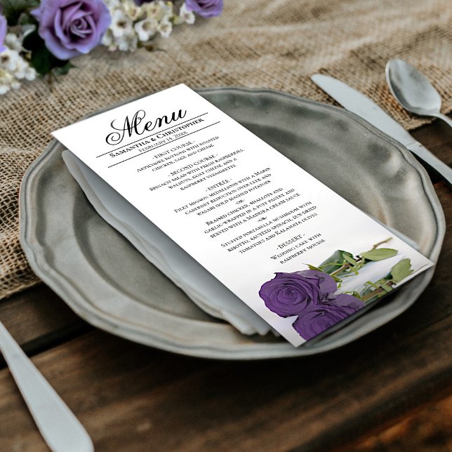 Elegant Amethyst Purple Rose Reflections Wedding Menu (In Situ on Plate)