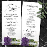 Elegant Amethyst Purple Rose Romantic Wedding Programme<br><div class="desc">This beautiful wedding program features an elegant design with a single long stemmed amethyst purple coloured rose lying on its side reflecting in water. The titles are written in fancy script calligraphy, and there is space for your ceremony and wedding party details, as well as a short thank you for...</div>