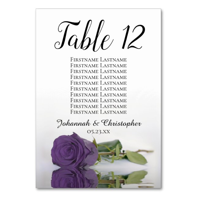 Elegant Amethyst Purple Rose Seating Chart Wedding Table Number (Front)