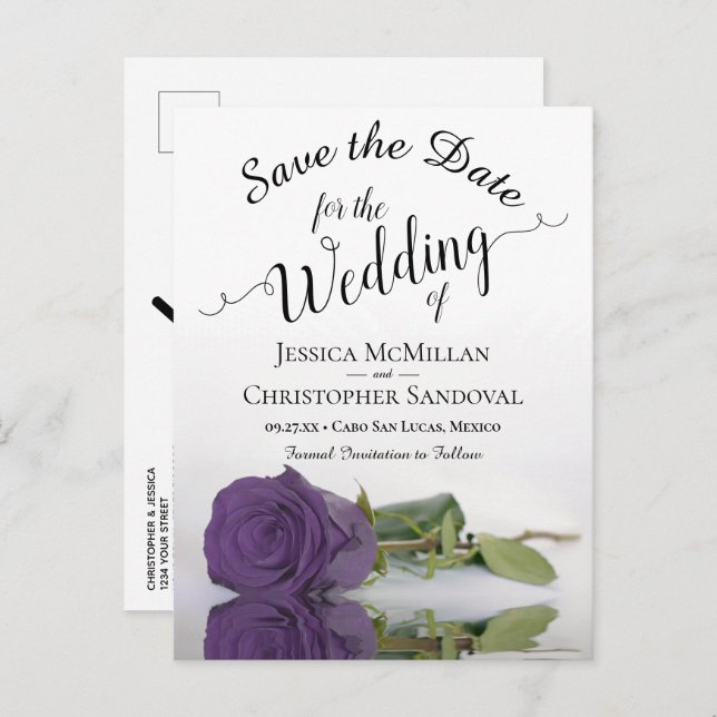 Elegant Amethyst Purple Rose Wedding Save the Date Announcement Postcard (Front/Back)