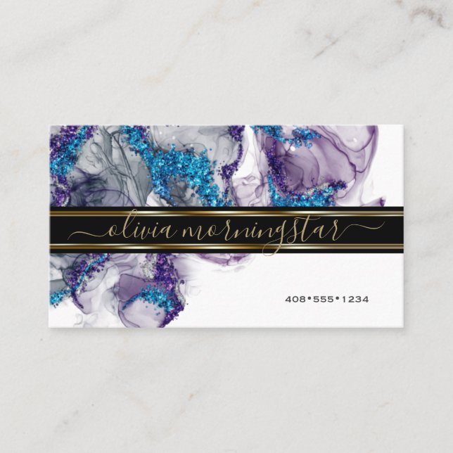 Elegant Amethyst Sapphire Gemstone Alcohol Ink Business Card (Front)