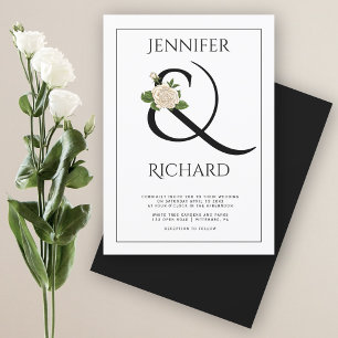 Elegant ampersand and rose black and white wedding invitation