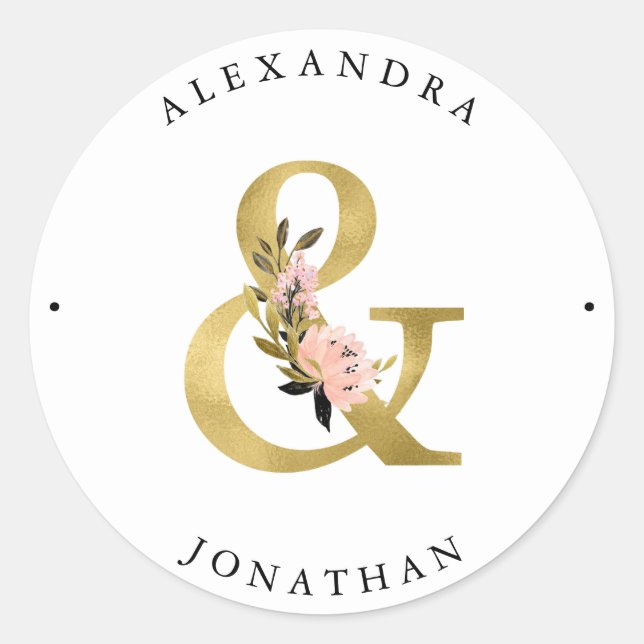 Elegant Ampersand | Gold and Blush Wedding Classic Round Sticker (Front)
