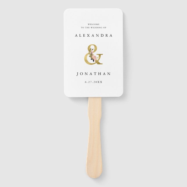 Elegant Ampersand | Gold and Blush Wedding Welcome Hand Fan (Front)