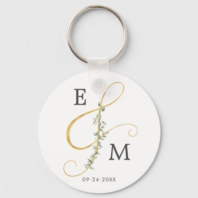 Elegant Ampersand Greenery Monogram Wedding Key Ring (Front)