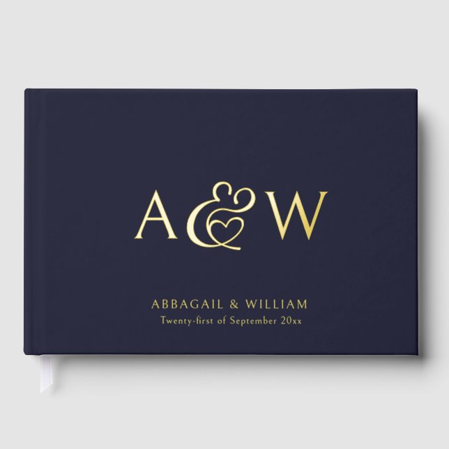 Elegant Ampersand Monogram Gold Navy Blue Wedding Guest Book (Front)