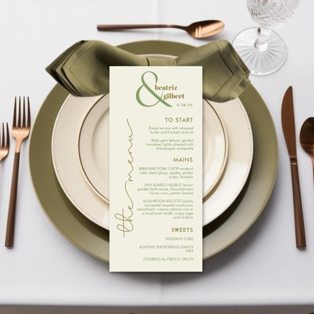 Elegant Ampersand Monogram Wedding Menu Card (Elegant ampersand monogram wedding menu in creamy white, olive green and moss green)