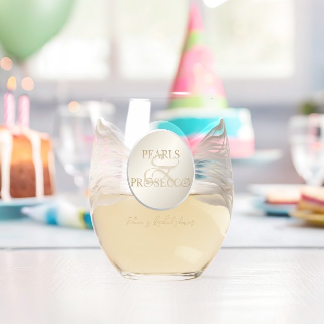 Elegant Ampersand Pearls & Prosecco Bridal Shower Stemless Wine Glass (Insitu (Birthday))