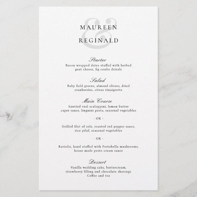Elegant Ampersand Traditional Budget Wedding Menu (Front)