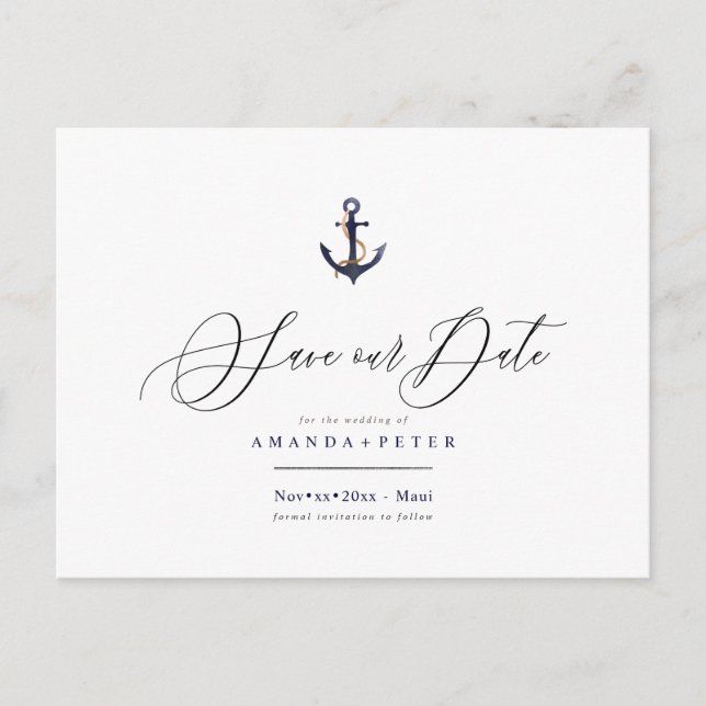 Elegant Anchor, Nautical Save the Date Postcard (Front)