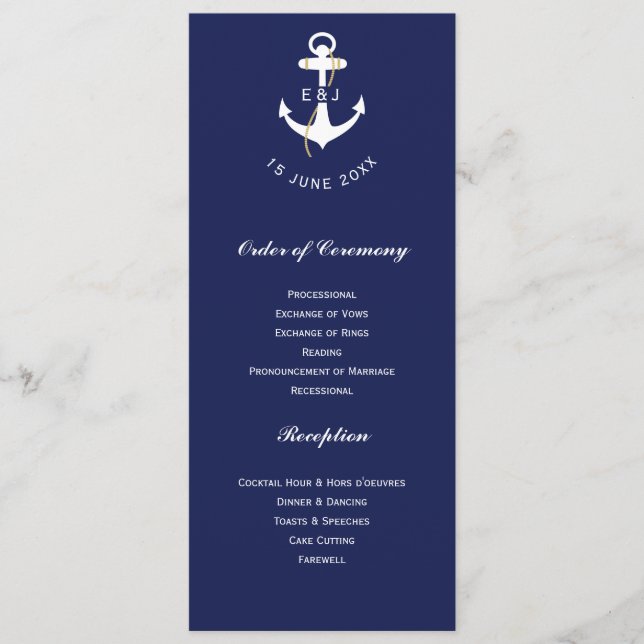 Elegant Anchor Nautical Wedding Initials Programme (Front)