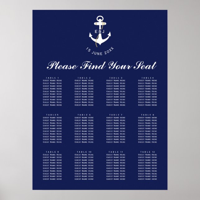 Elegant Anchor Nautical Wedding Seating Chart (Front)