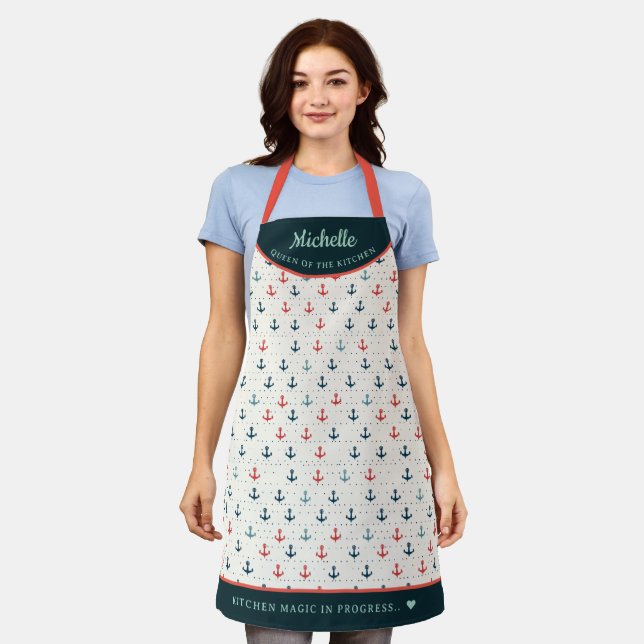 elegant anchor pattern Turquoise personalised Apron (Worn)