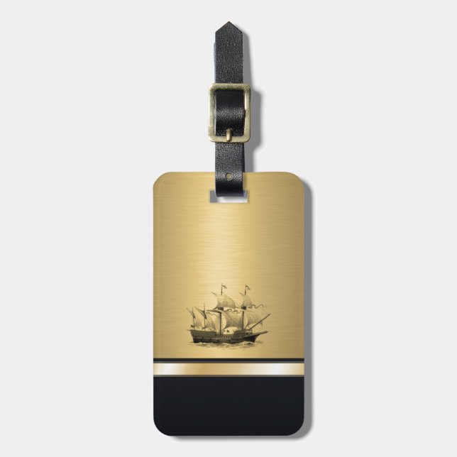 Elegant ancient ship gold monogram luggage tag (Front Vertical)