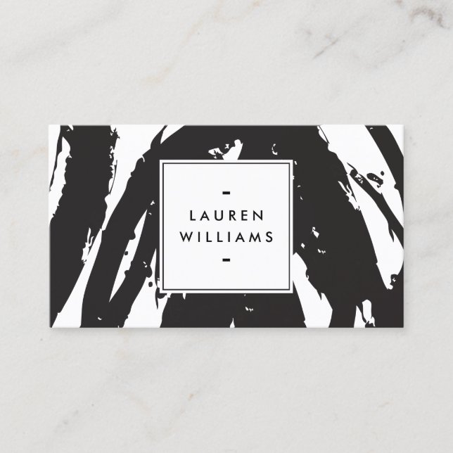 Elegant and Abstract Black and White Brushstrokes Business Card (Front)