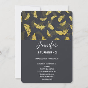 Elegant And Chic Black And Gold Feather Birthday Invitation