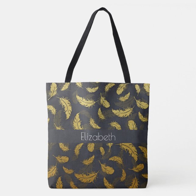Elegant And Chic Black And Gold Feather Pattern Tote Bag (Front)