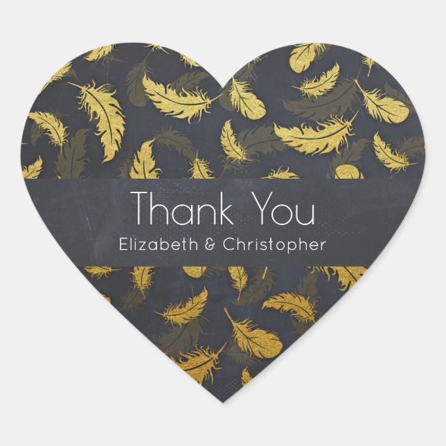Elegant And Chic Black And Gold Feather Thank You Heart Sticker (Front)