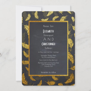 Elegant And Chic Black And Gold Feather Wedding Invitation