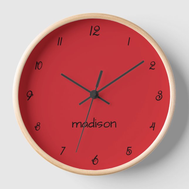 Elegant and Chic Fire Engine Red and Black Name  Clock (Front)